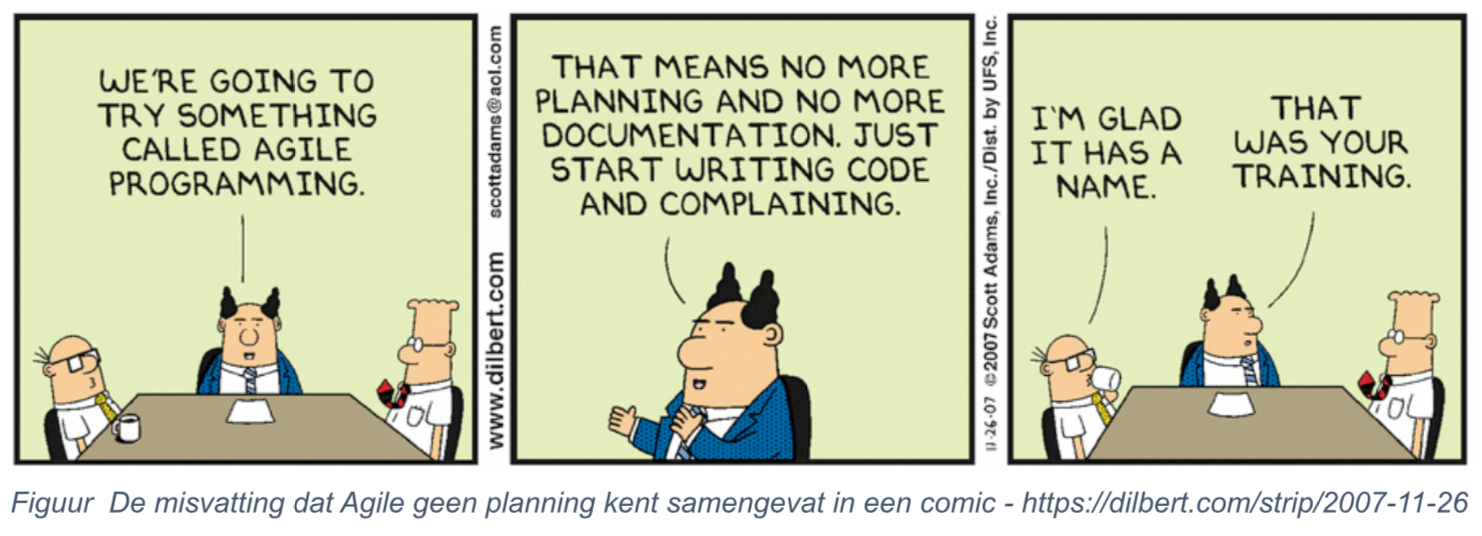 De misvatting dat Agile geen planning kent samengevat in een comic (Dilbert.com)